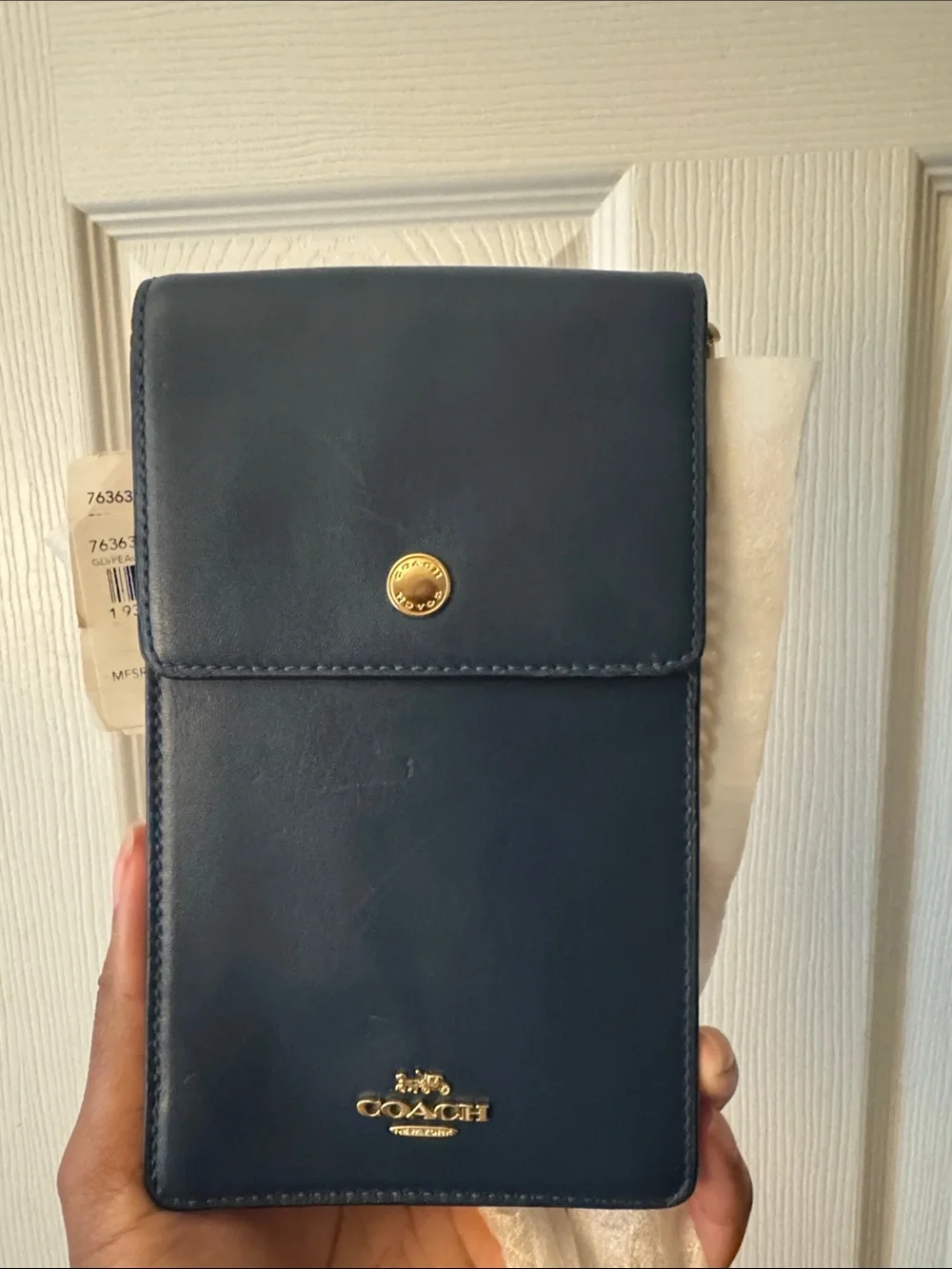 Coach Navy Blue Leather Crossbody Phone Bag with Gold Accents